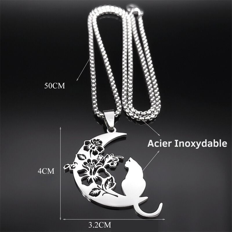Collier Pendentif Chat Lune Fleurie