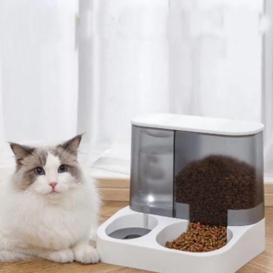Distributeur de croquettes pour chat avec réserve d'eau intégrée