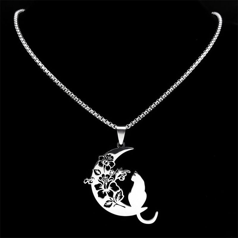 Collier Pendentif Chat Lune Fleurie