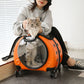 femme qui sort son chat d'un sac de transport à roulettes orange