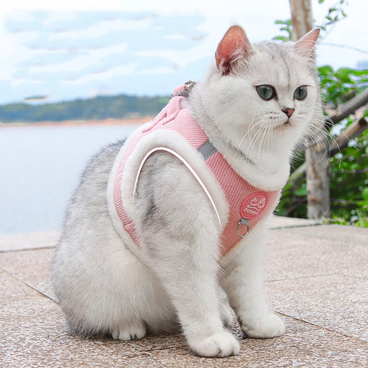 Harnais pour Chat Rose et Chaud en Coton avec Laisse sur un chat blanc en extérieur