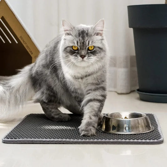 Tapis de Litières pour Chat Étanche de Style Ruche d'Abeille au sol avec un chat dessus et une gamelle