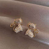 Boucles d'oreilles chat mignons pour femme avec perles