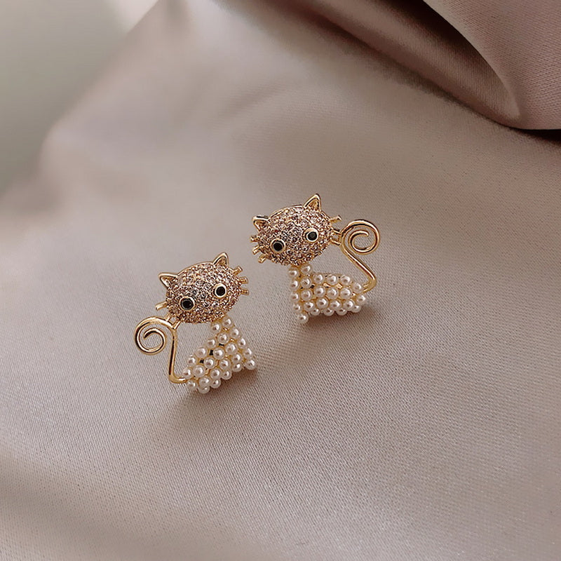 Boucles d'oreilles chat mignons pour femme avec perles