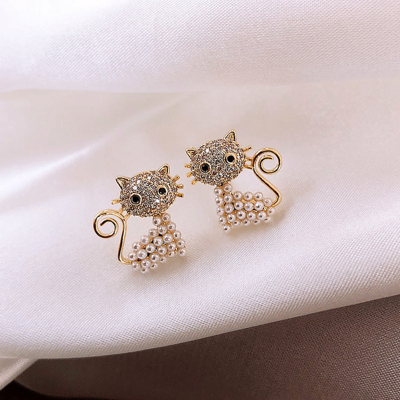 Boucles d'oreilles chat mignons pour femme avec perles