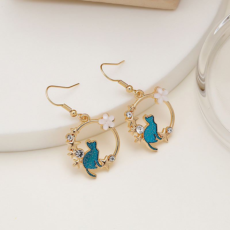 Boucles d'oreilles chat avec etoiles et fleurs