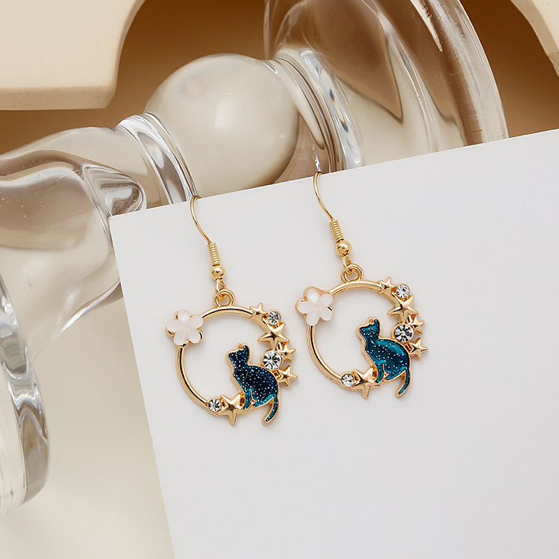 Boucles d'oreilles chat avec etoiles et fleurs