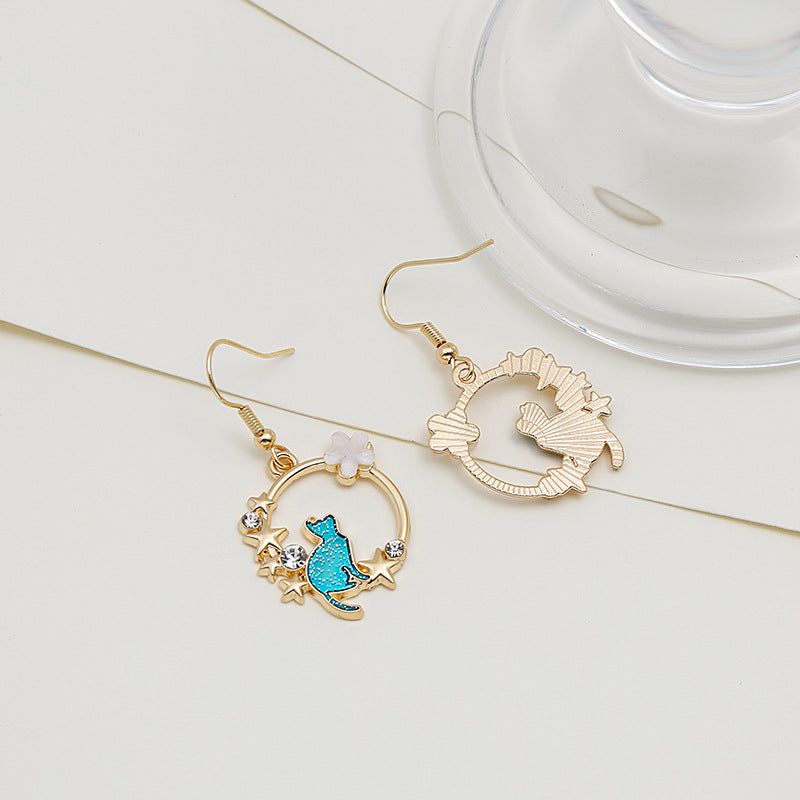 Boucles d'oreilles chat avec etoiles et fleurs