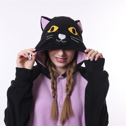 Pyjama combinaison chat femme violet et noir