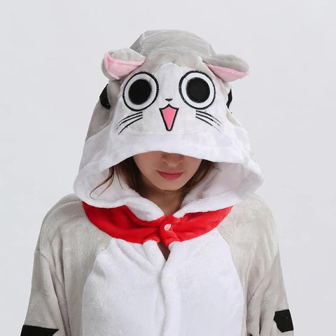 Pyjama combinaison chat femme a capuche et queue